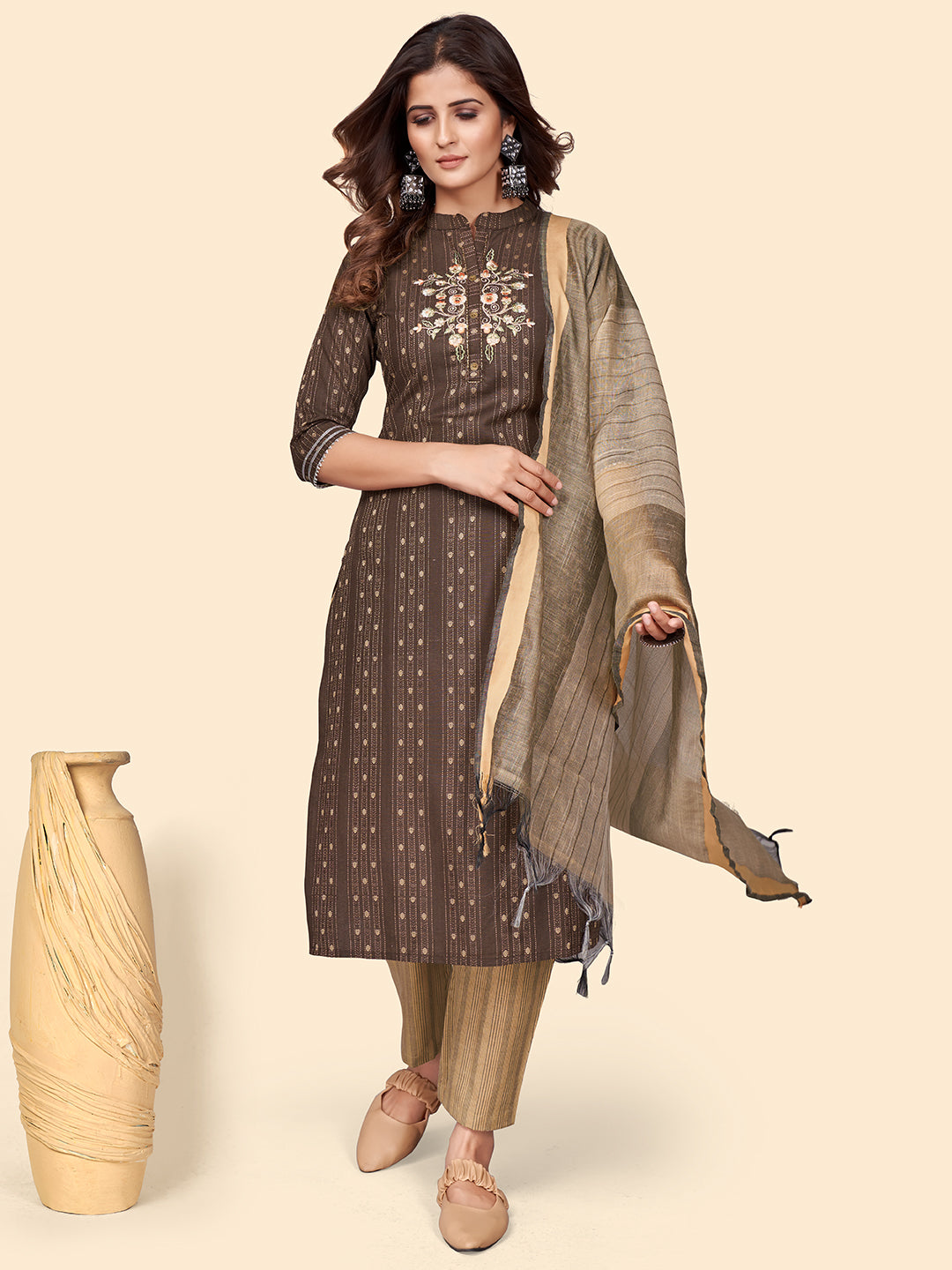 Brown Embroidered Straight Cotton Blend Kurta Set