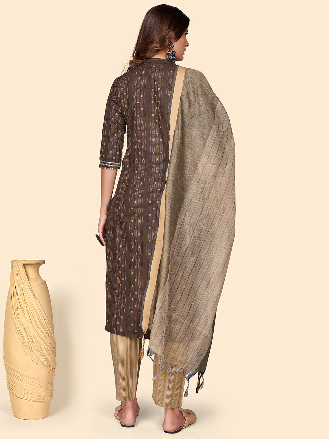 Brown Embroidered Straight Cotton Blend Kurta Set