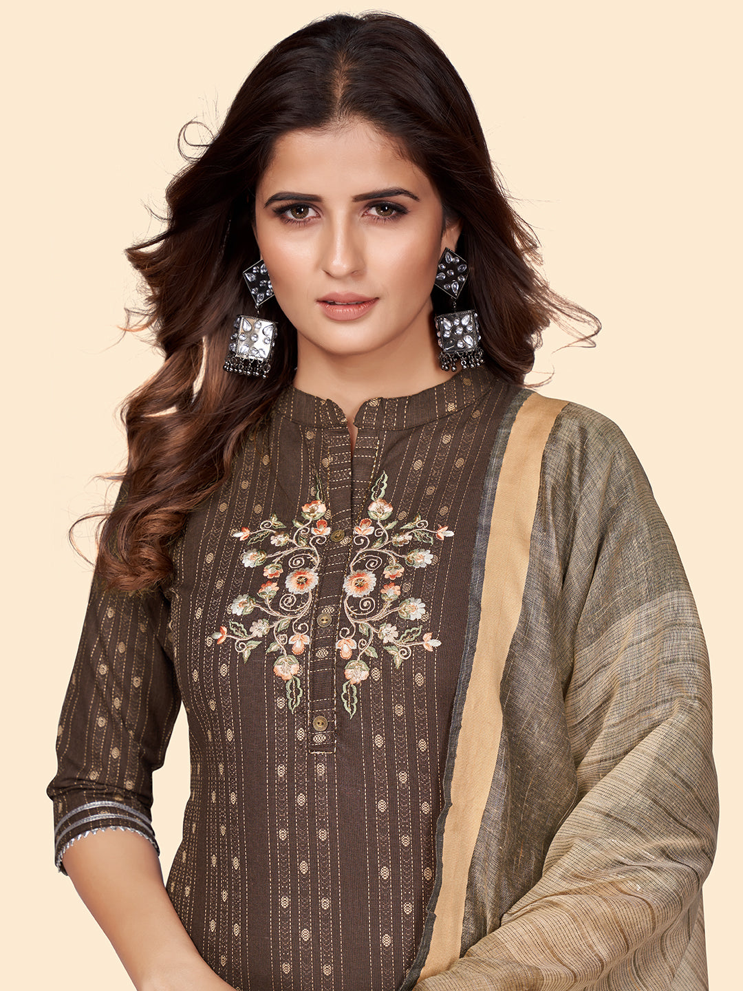 Brown Embroidered Straight Cotton Blend Kurta Set