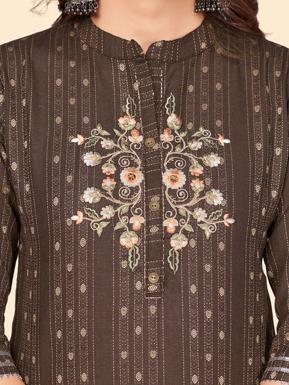 Brown Embroidered Straight Cotton Blend Kurta Set