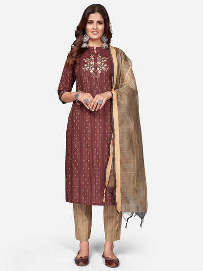 Maroon Embroidered Straight Cotton Blend Kurta Set