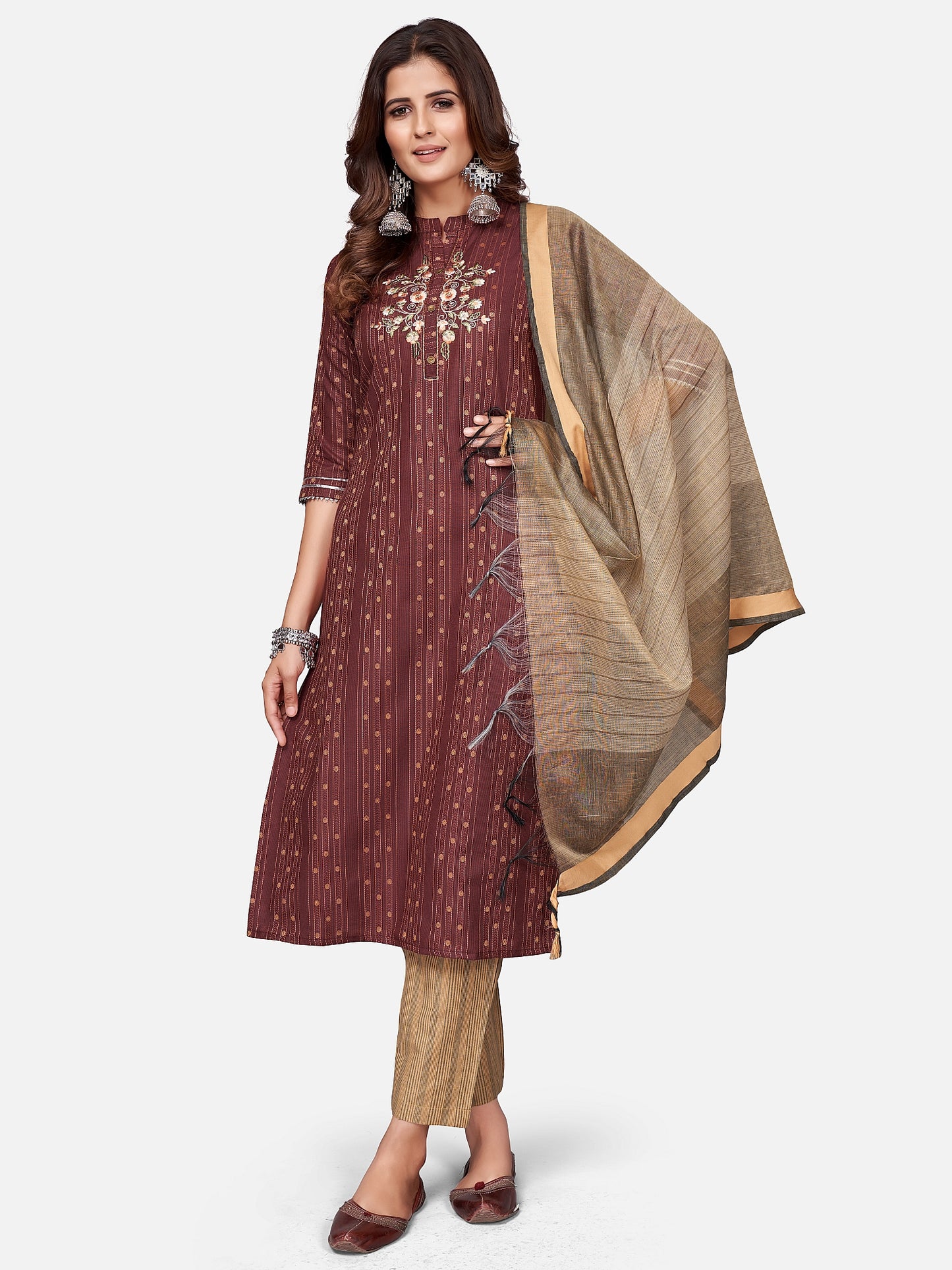 Maroon Embroidered Straight Cotton Blend Kurta Set