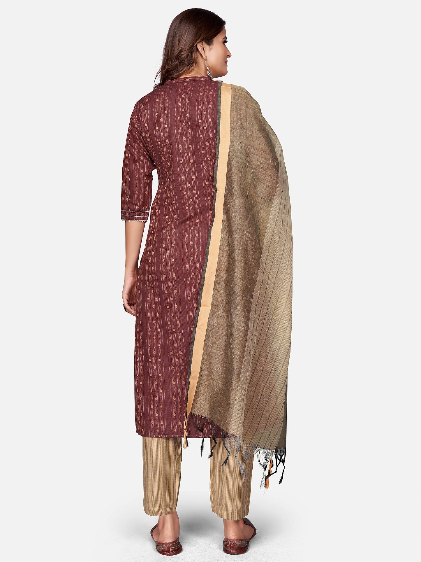 Maroon Embroidered Straight Cotton Blend Kurta Set