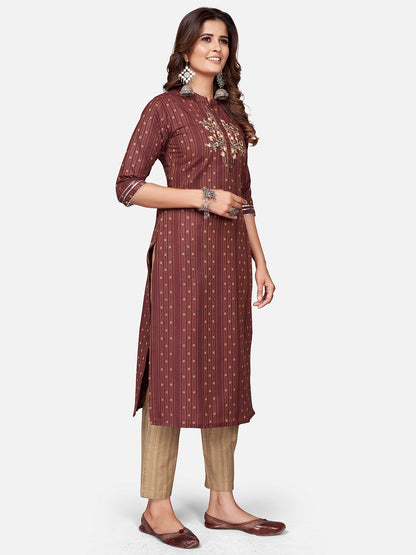 Maroon Embroidered Straight Cotton Blend Kurta Set