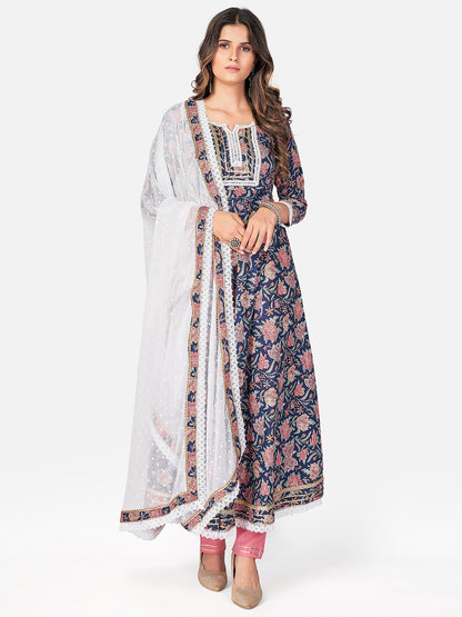 Blue Anarkali Cotton Kurta Set