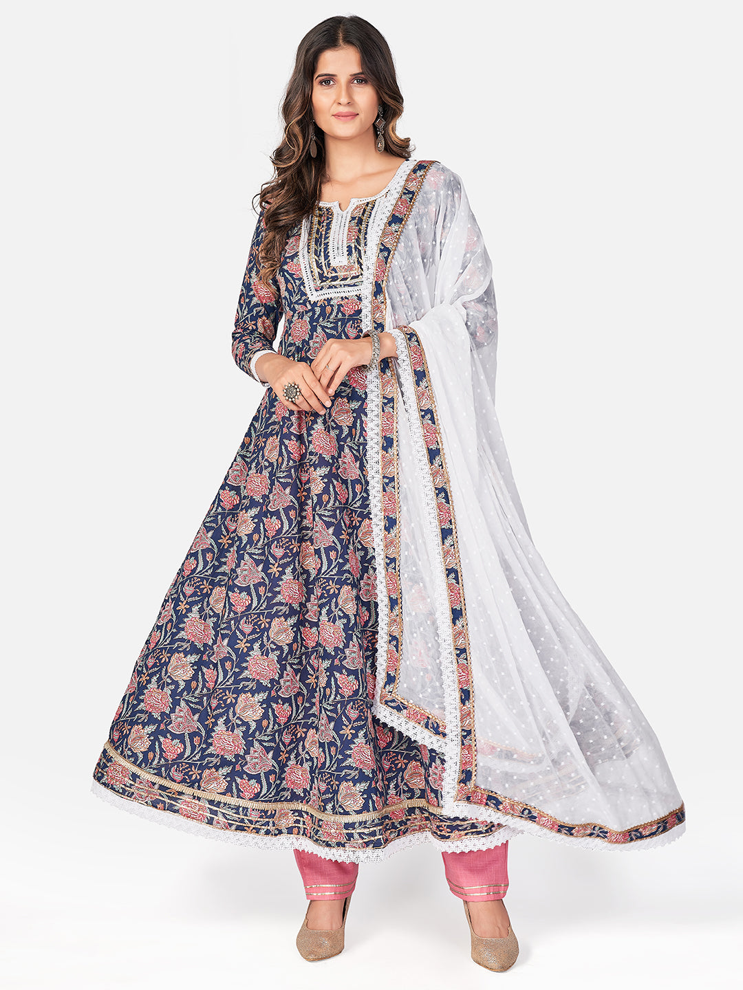 Blue Anarkali Cotton Kurta Set