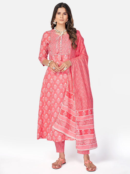 Pink Anarkali Cotton Kurta Set