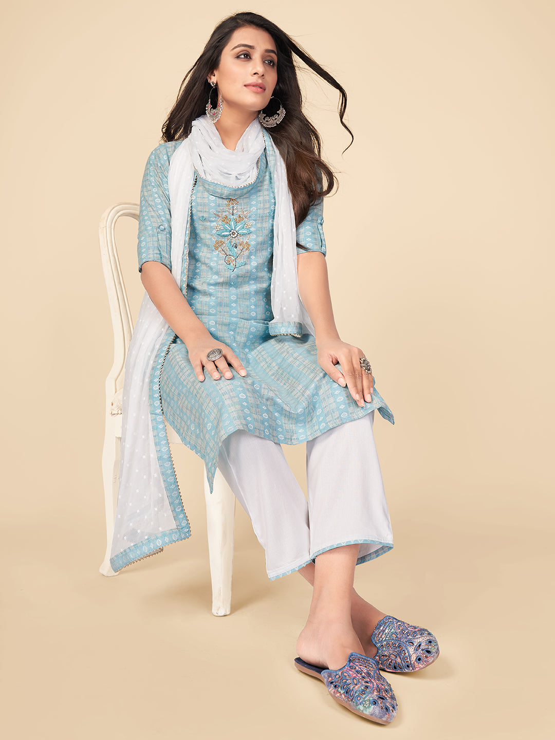 Sky Blue Printed Straight Cotton Kurta Set