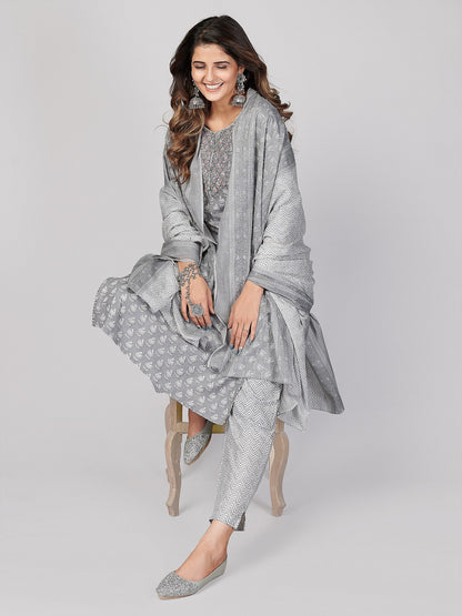 Grey Embroidered Straight Cotton Kurta Set