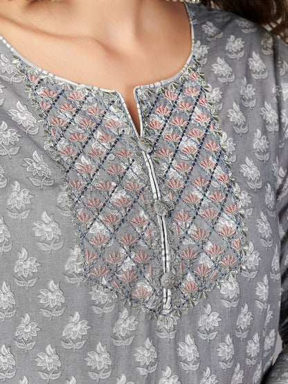 Grey Embroidered Straight Cotton Kurta Set