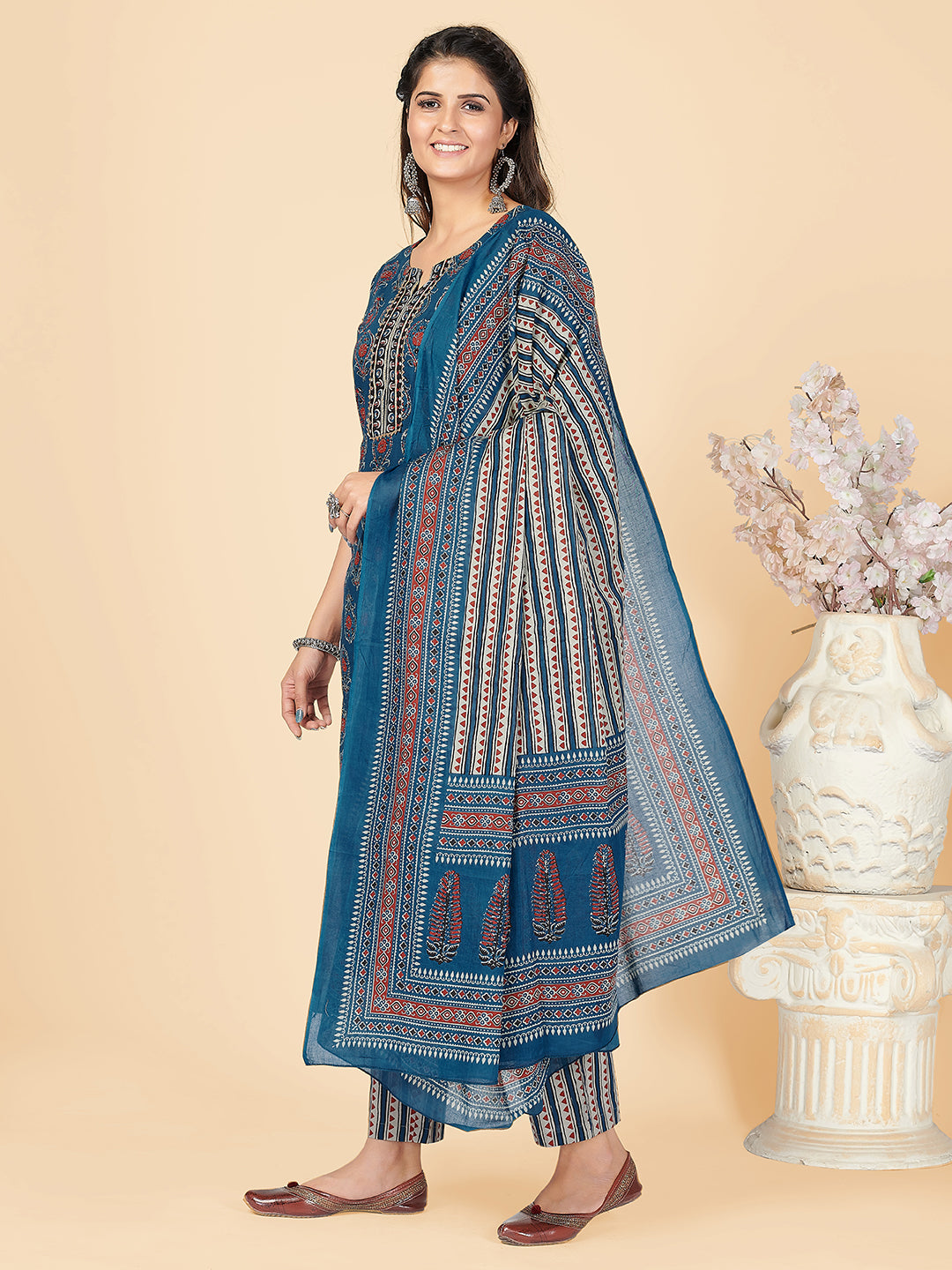 Blue Sequience & Hand Work Straight Cotton Kurta Set