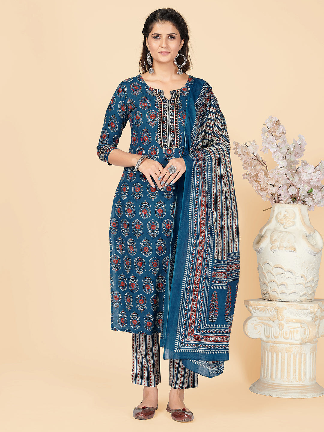 Blue Sequience & Hand Work Straight Cotton Kurta Set