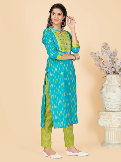 Sky Blue Embroidered Straight Cotton Kurta Set