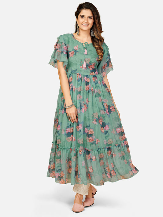 Aqua Green Printed Anarkali Georgette Dress