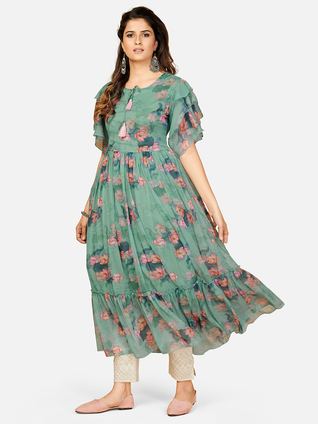 Aqua Green Printed Anarkali Georgette Dress