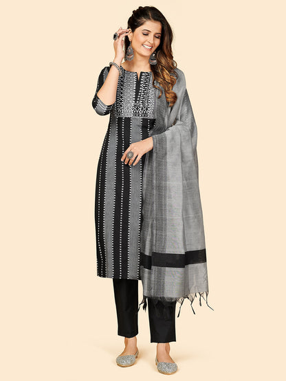 Black Embroidered Straight Cotton Kurta Set