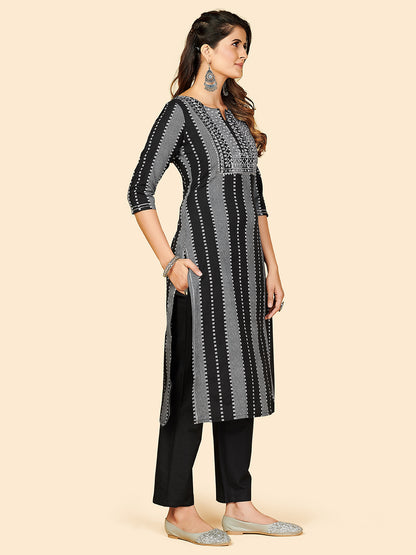 Black Embroidered Straight Cotton Kurta Set