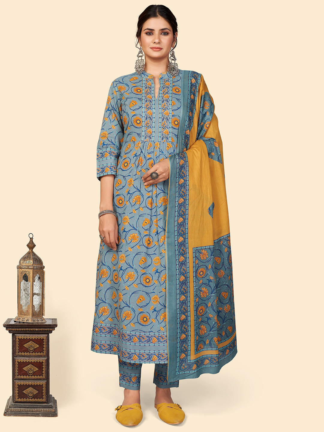 Teal Floral Print A-Line Cotton Kurta Set