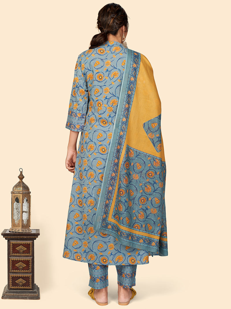 Teal Floral Print A-Line Cotton Kurta Set