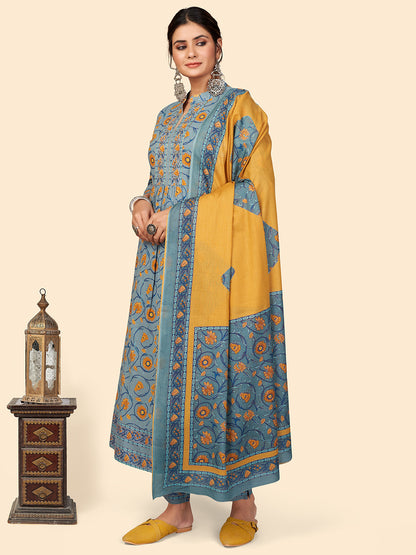 Teal Floral Print A-Line Cotton Kurta Set