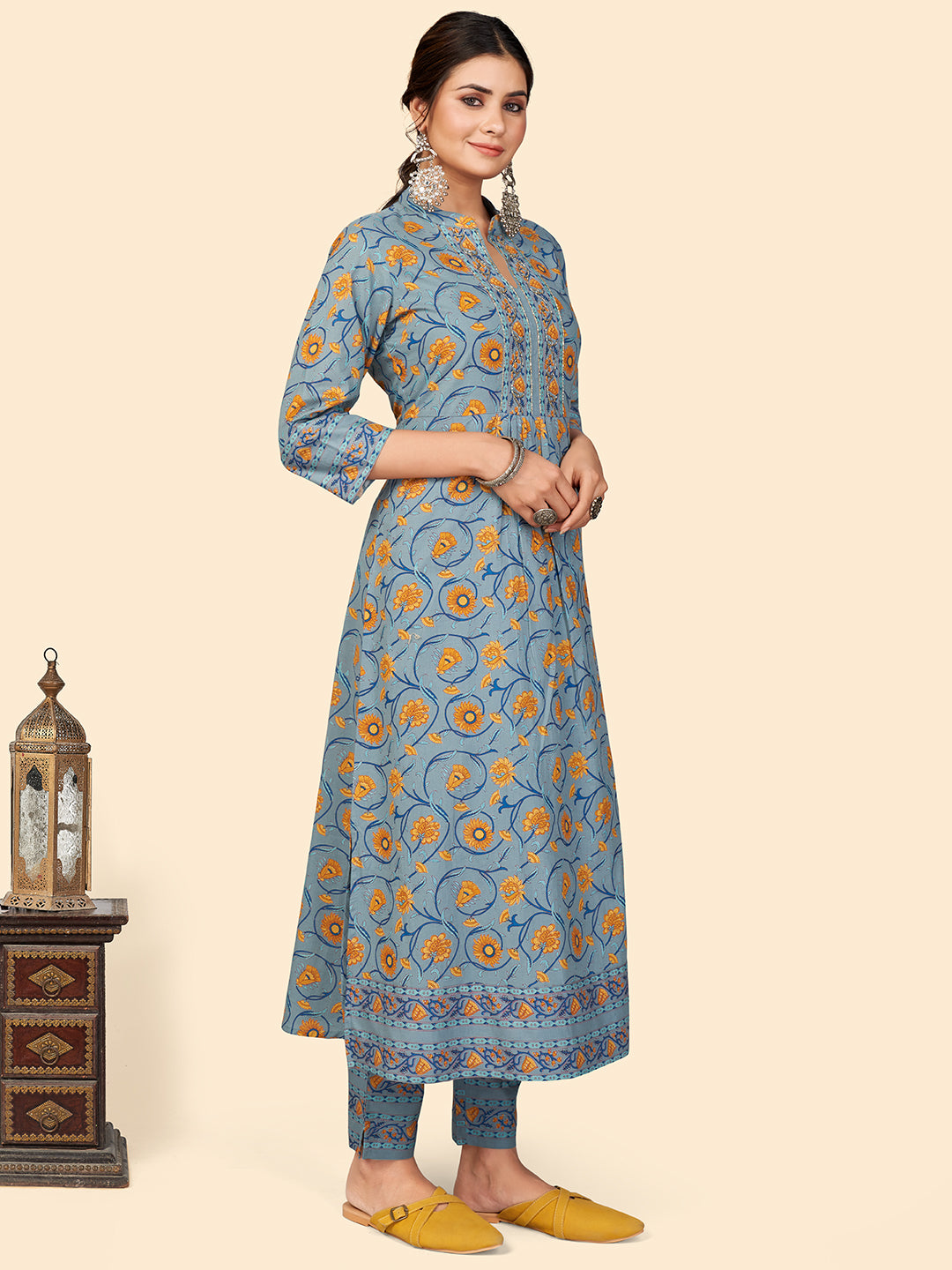 Teal Floral Print A-Line Cotton Kurta Set