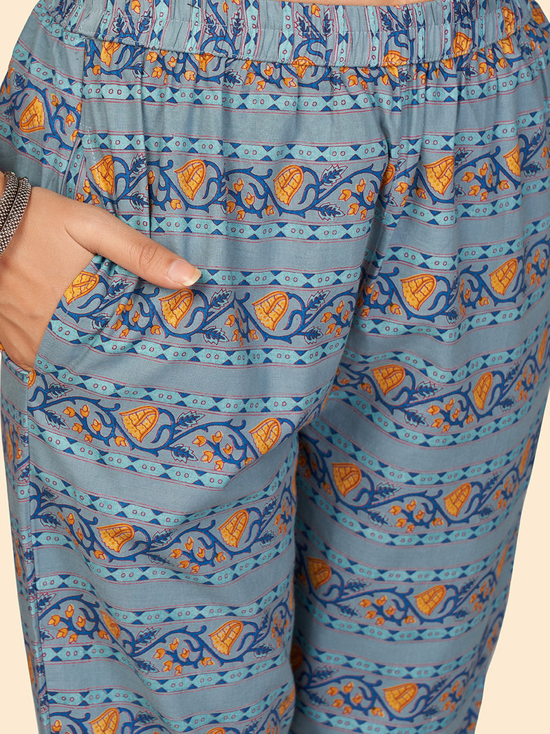 Teal Floral Print A-Line Cotton Kurta Set