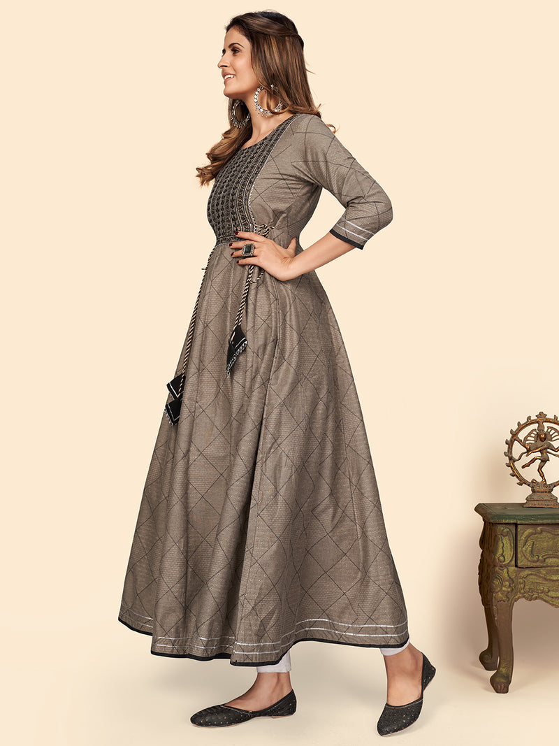Brown Embroidered Anarkali Cotton Blend Gown