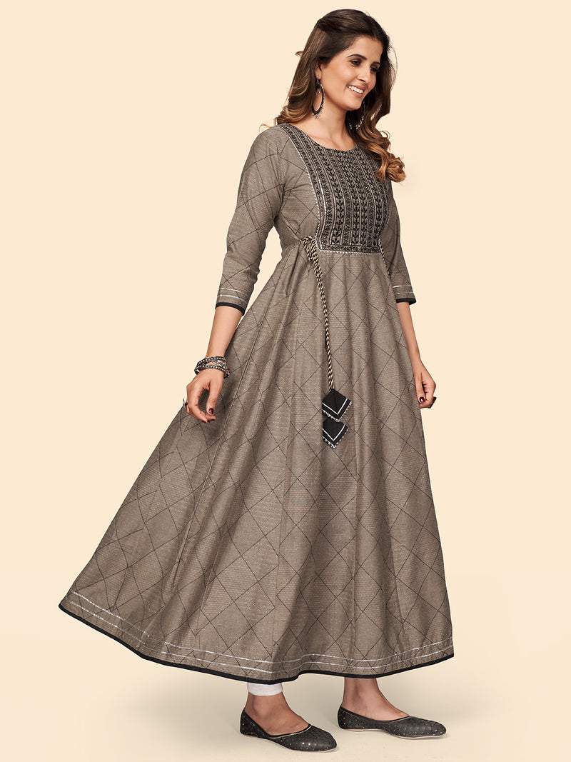 Brown Embroidered Anarkali Cotton Blend Gown