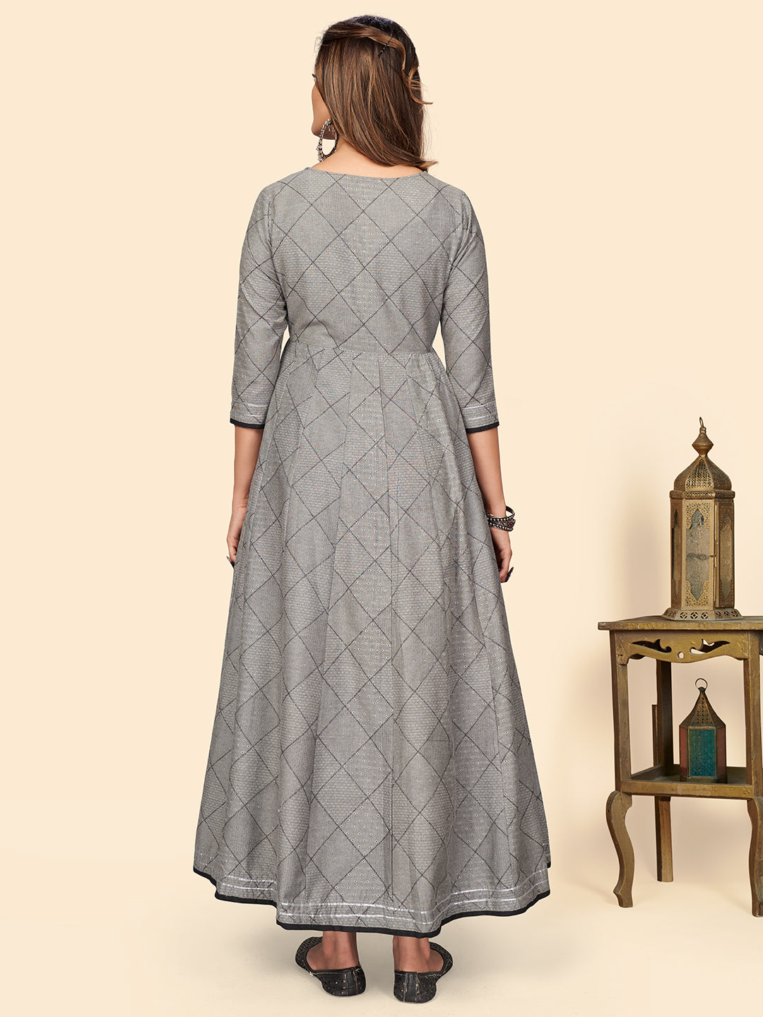 Grey Embroidered Anarkali Cotton Blend Kurta