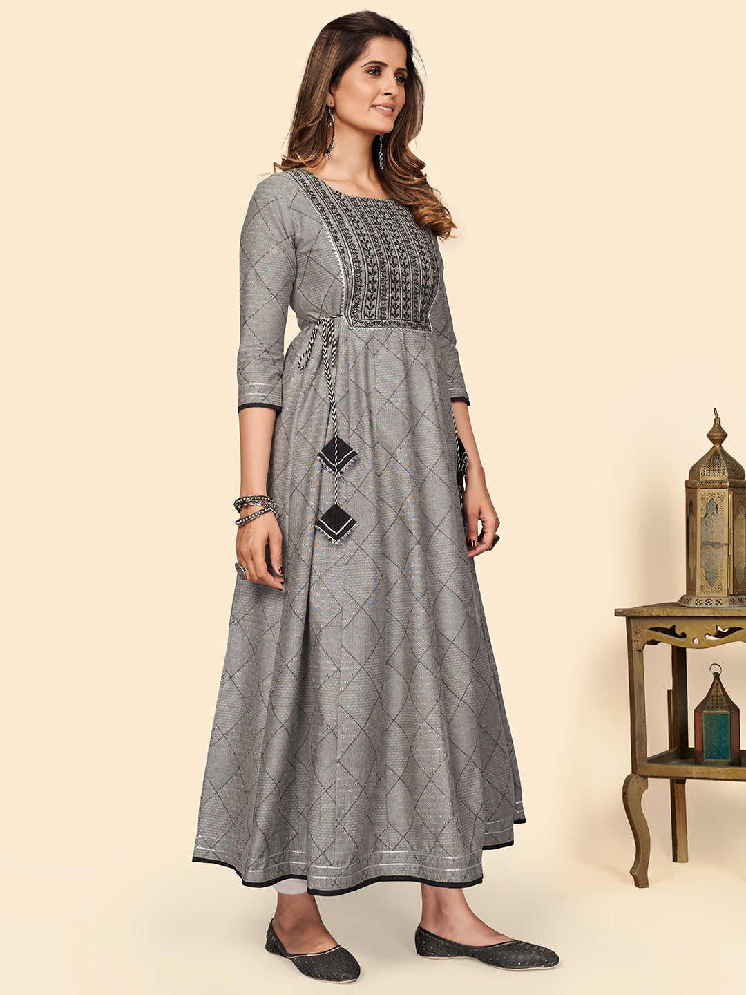 Grey Embroidered Anarkali Cotton Blend Kurta