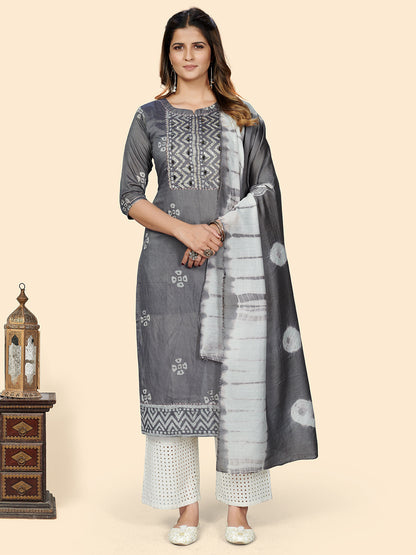 Grey Straight Chanderi Kurta With Dupatta