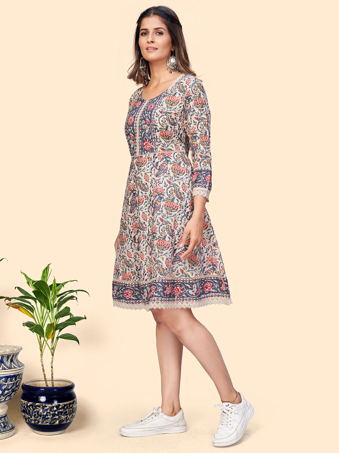 Beige Floral Print Flared Cotton Dress