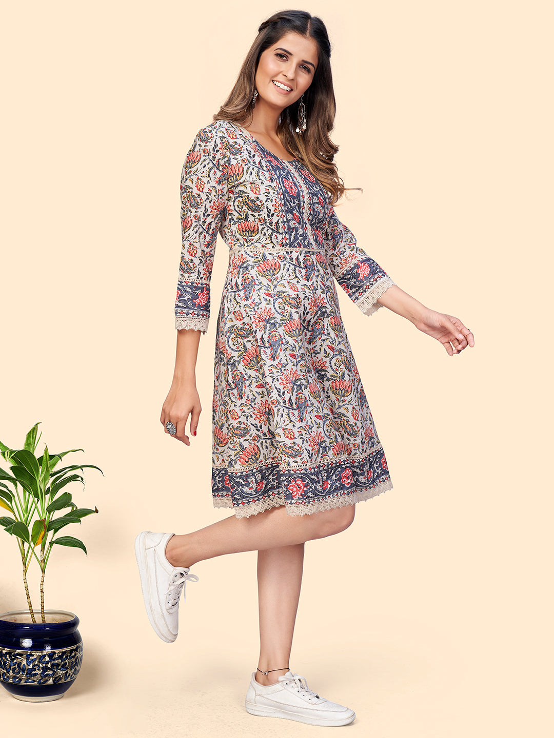 Beige Floral Print Flared Cotton Dress