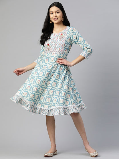 Light Blue Embroidered Flared Cotton Dress