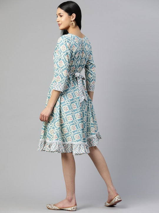 Light Blue Embroidered Flared Cotton Dress