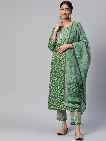 Green Straight Cotton Kurta Set