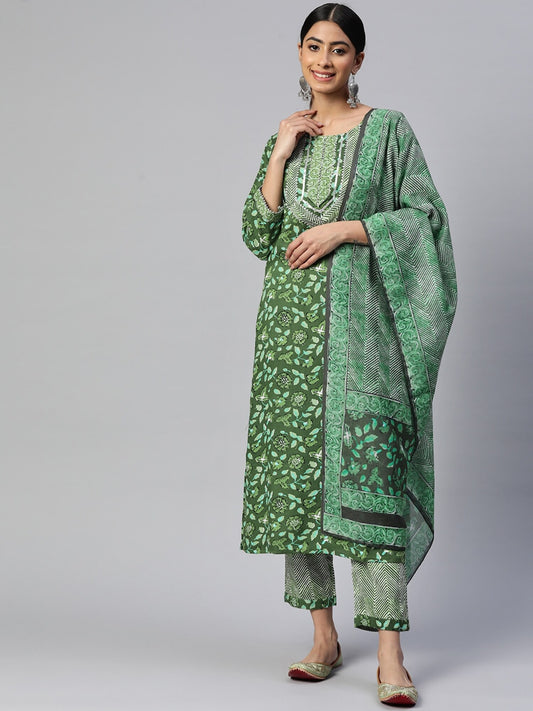 Green Straight Cotton Kurta Set