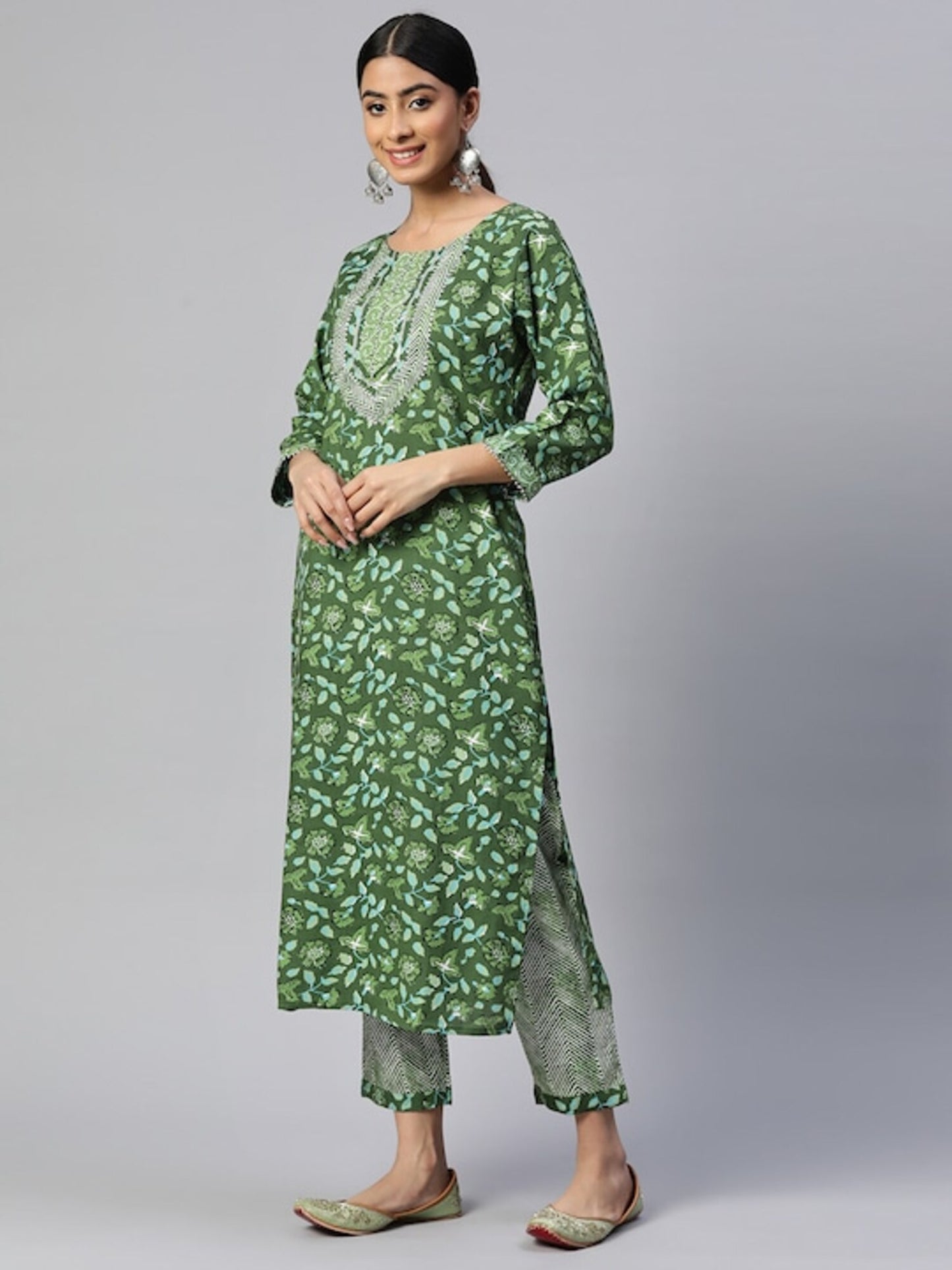 Green Straight Cotton Kurta Set