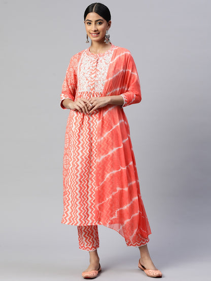 Coral Embroidered A-Line Cotton Kurta Set