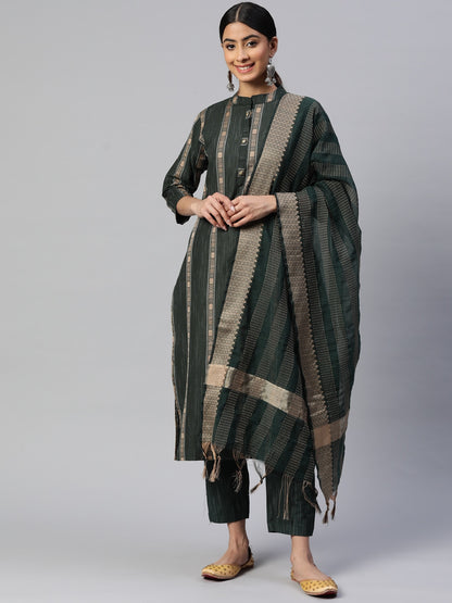 Green Printed Straight Cotton Blend Kurta Set