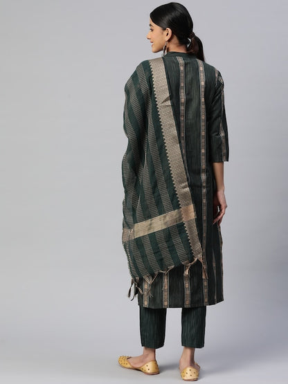 Green Printed Straight Cotton Blend Kurta Set