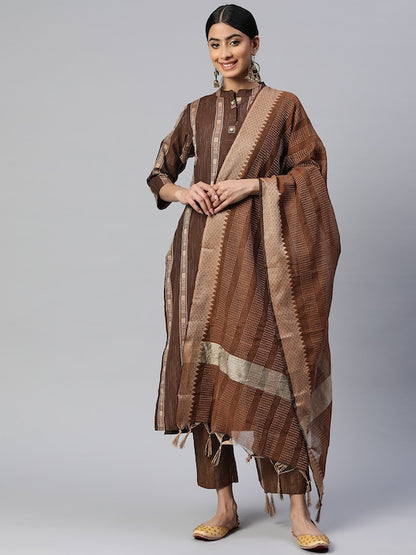 Brown Printed Straight Cotton Blend Kurta Set