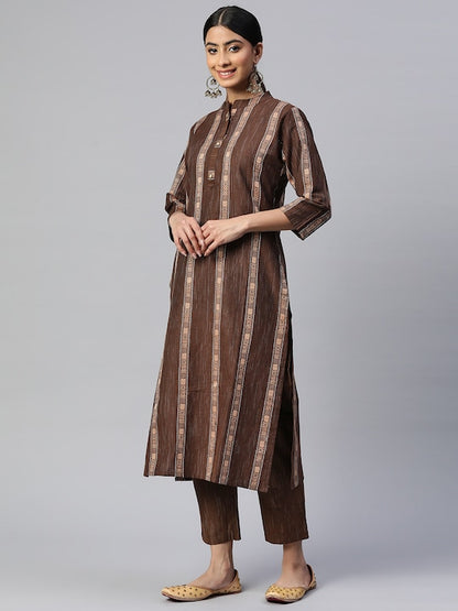 Brown Printed Straight Cotton Blend Kurta Set