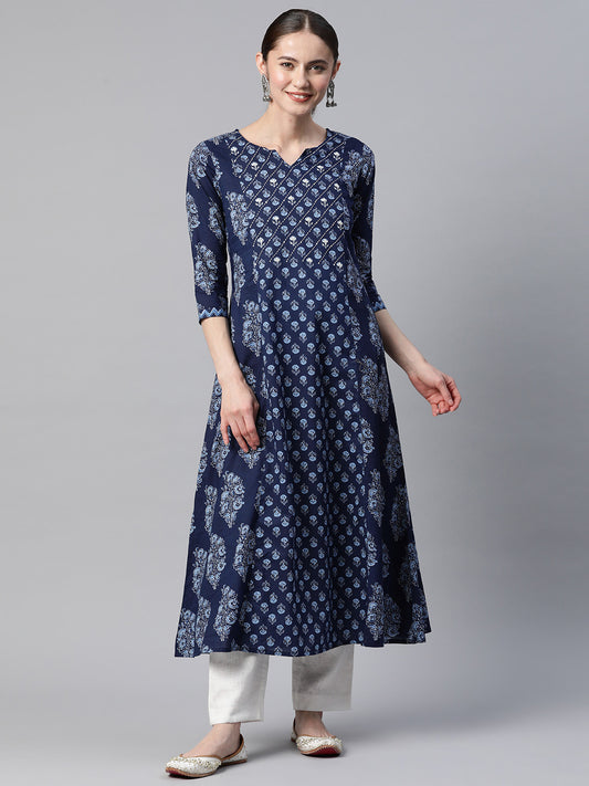 Blue Print & Hand Work A-Line Cotton Kurta