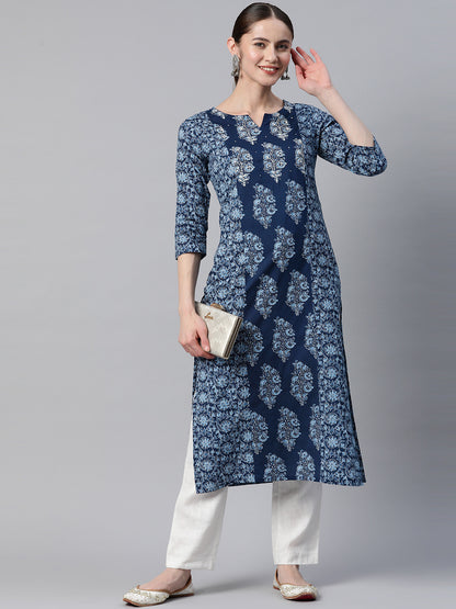 Blue Straight Cotton Kurta