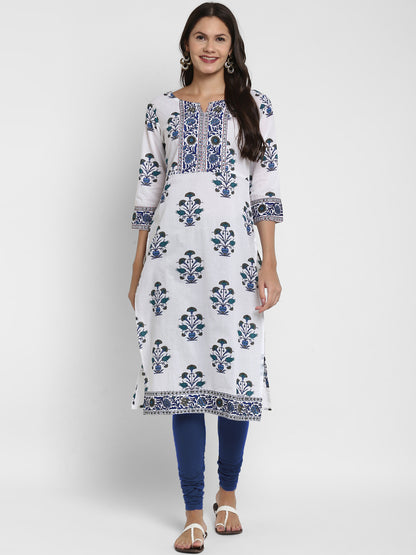 White Printed A-line Cotton Kurta