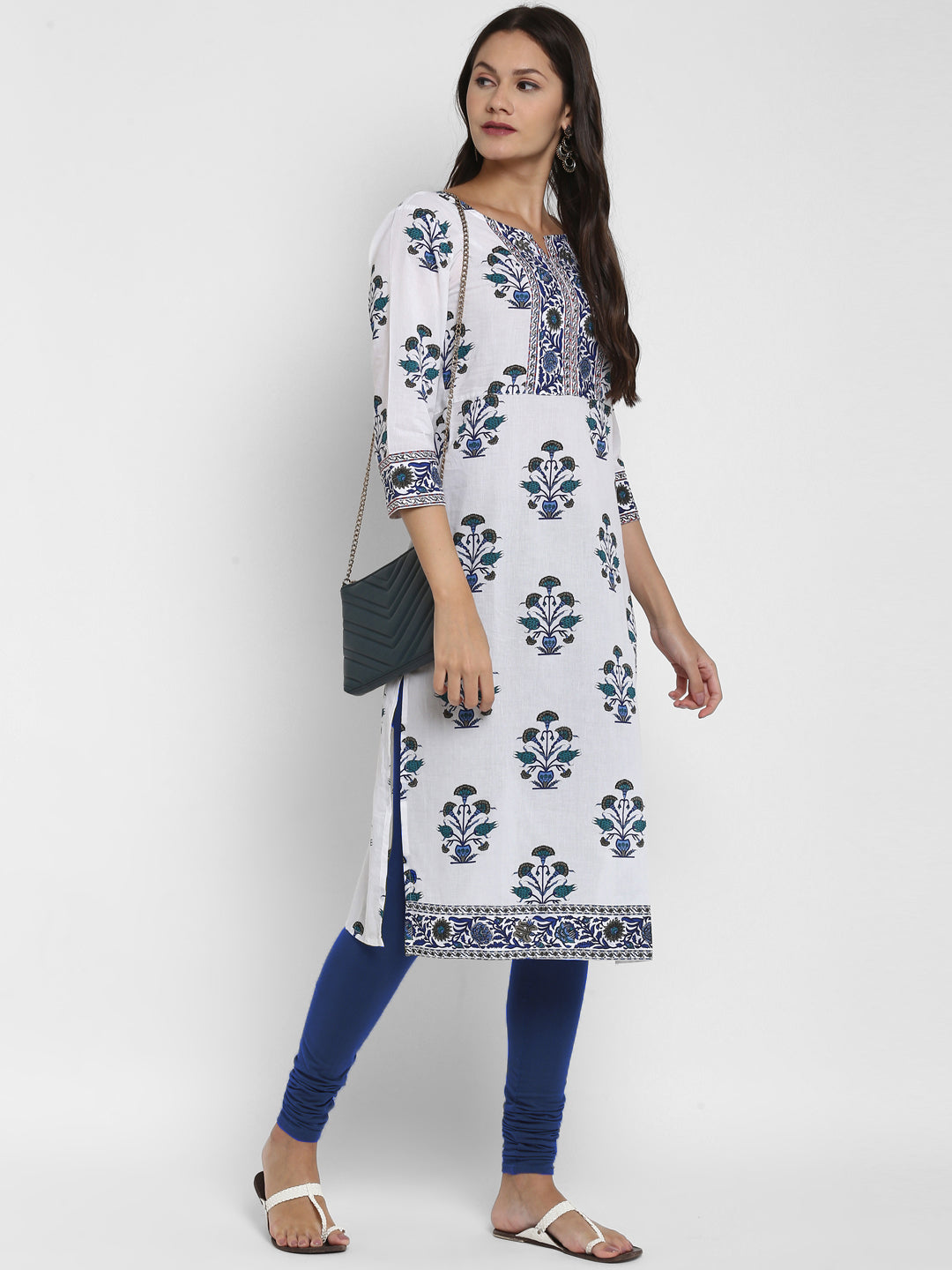 White Printed A-line Cotton Kurta