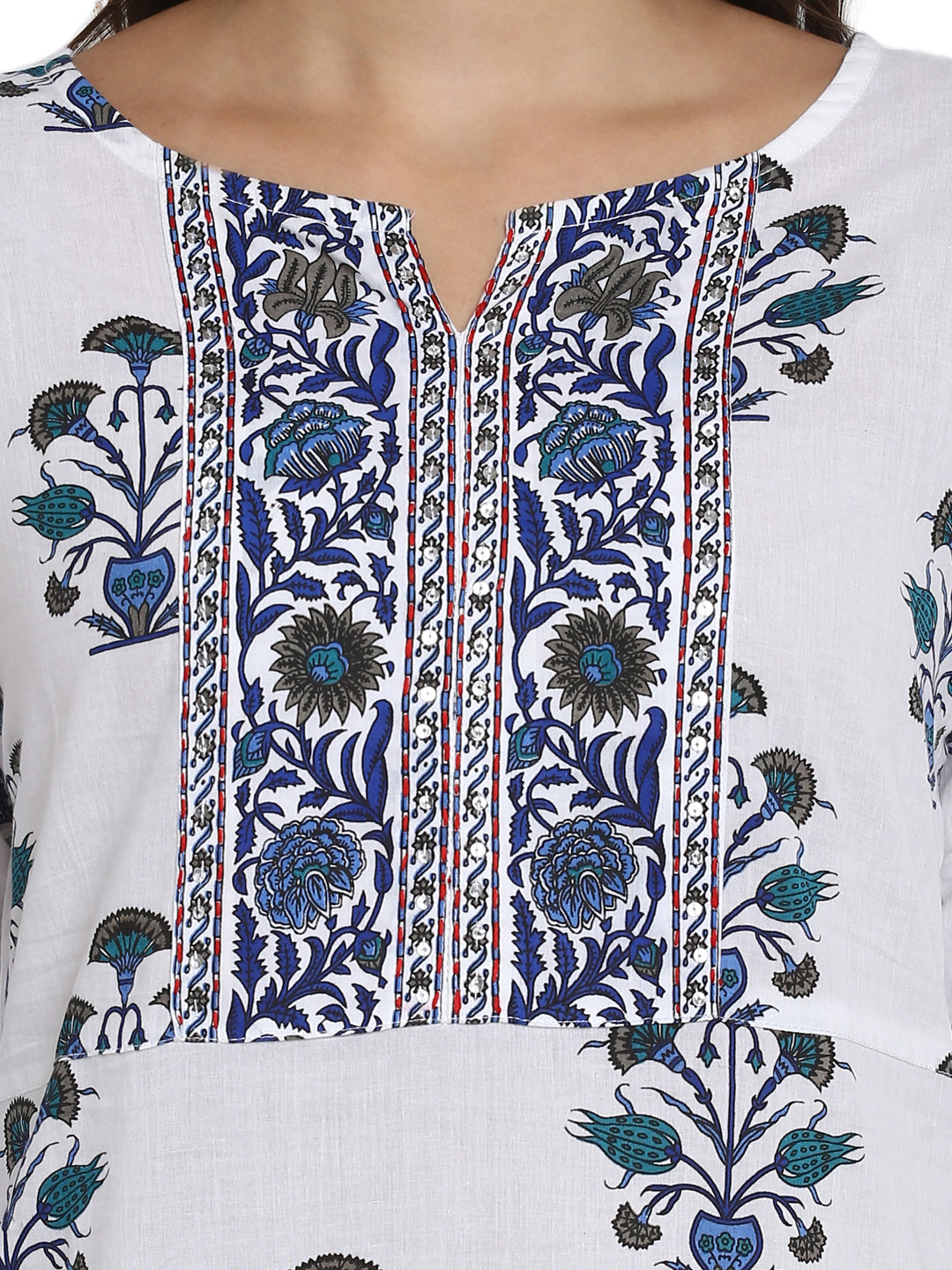 White Printed A-line Cotton Kurta