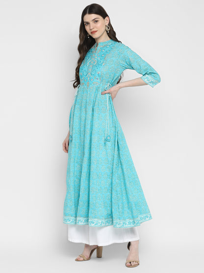 Sky Blue Embroidered Anarkali Cotton Kurta