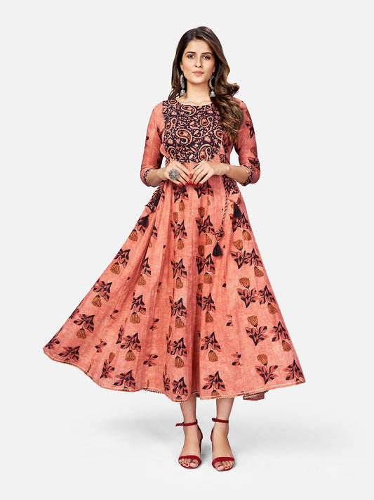 Brown Emboidered Anarkali Cotton Kurta